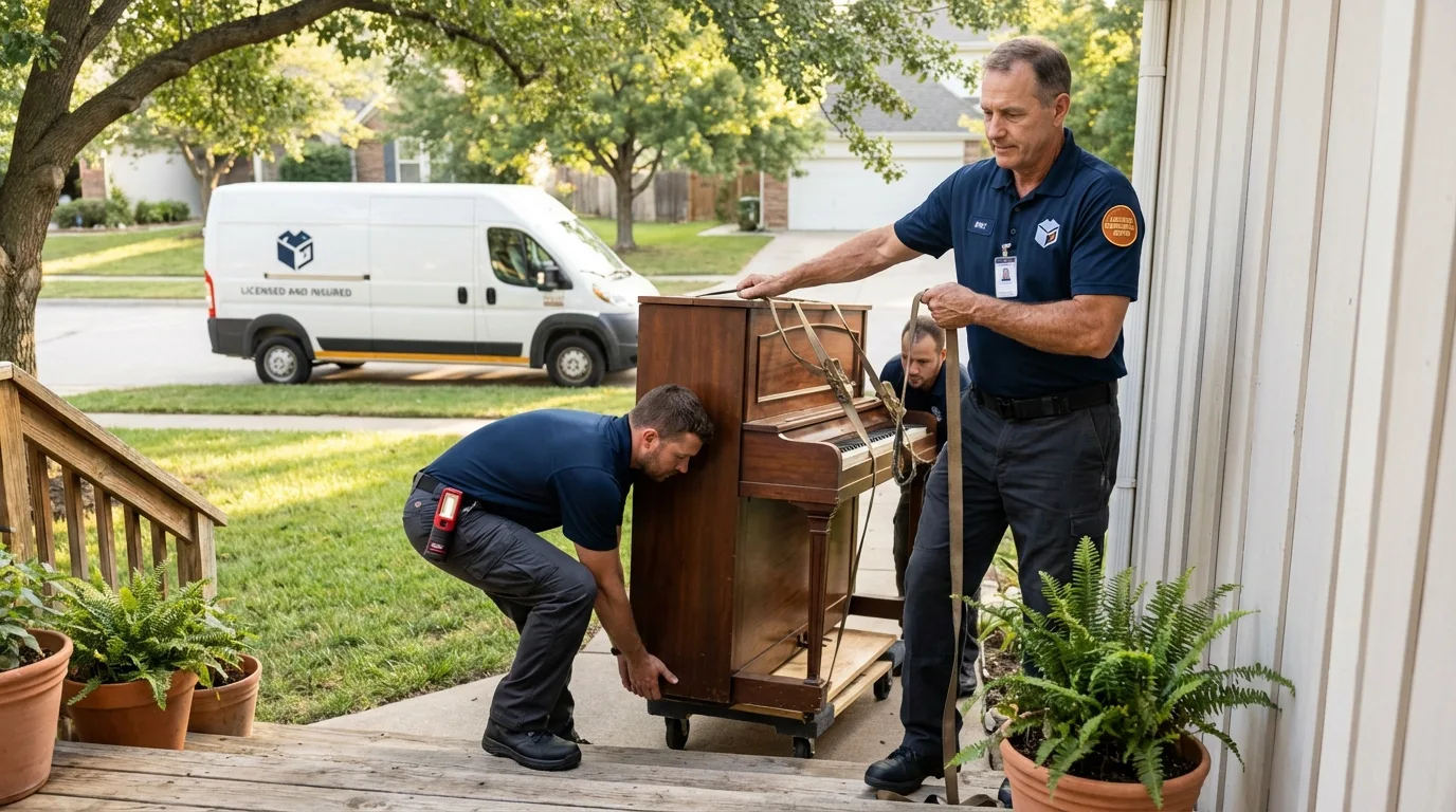 Licensed piano movers securing grand piano in Oglesby, IL