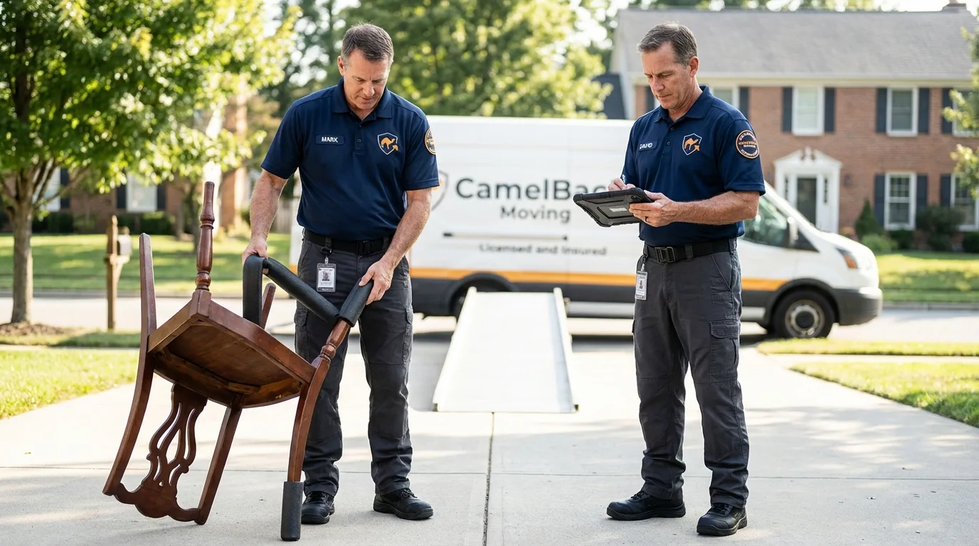 Movers inspecting furniture for damage prevention before loading in Oglesby, IL