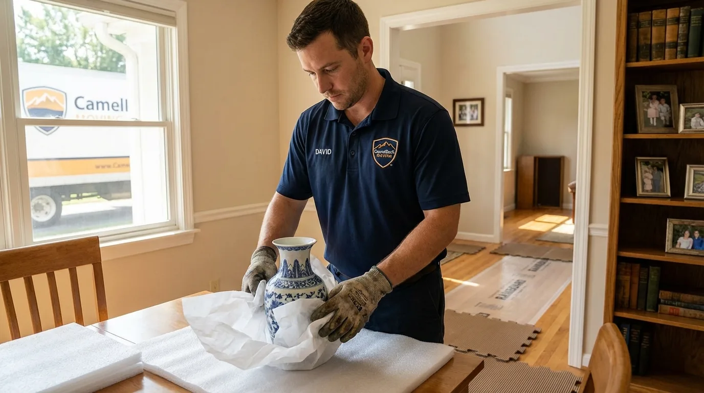 Professional crew carefully wrapping antique vase for senior downsizing move in Oglesby, IL